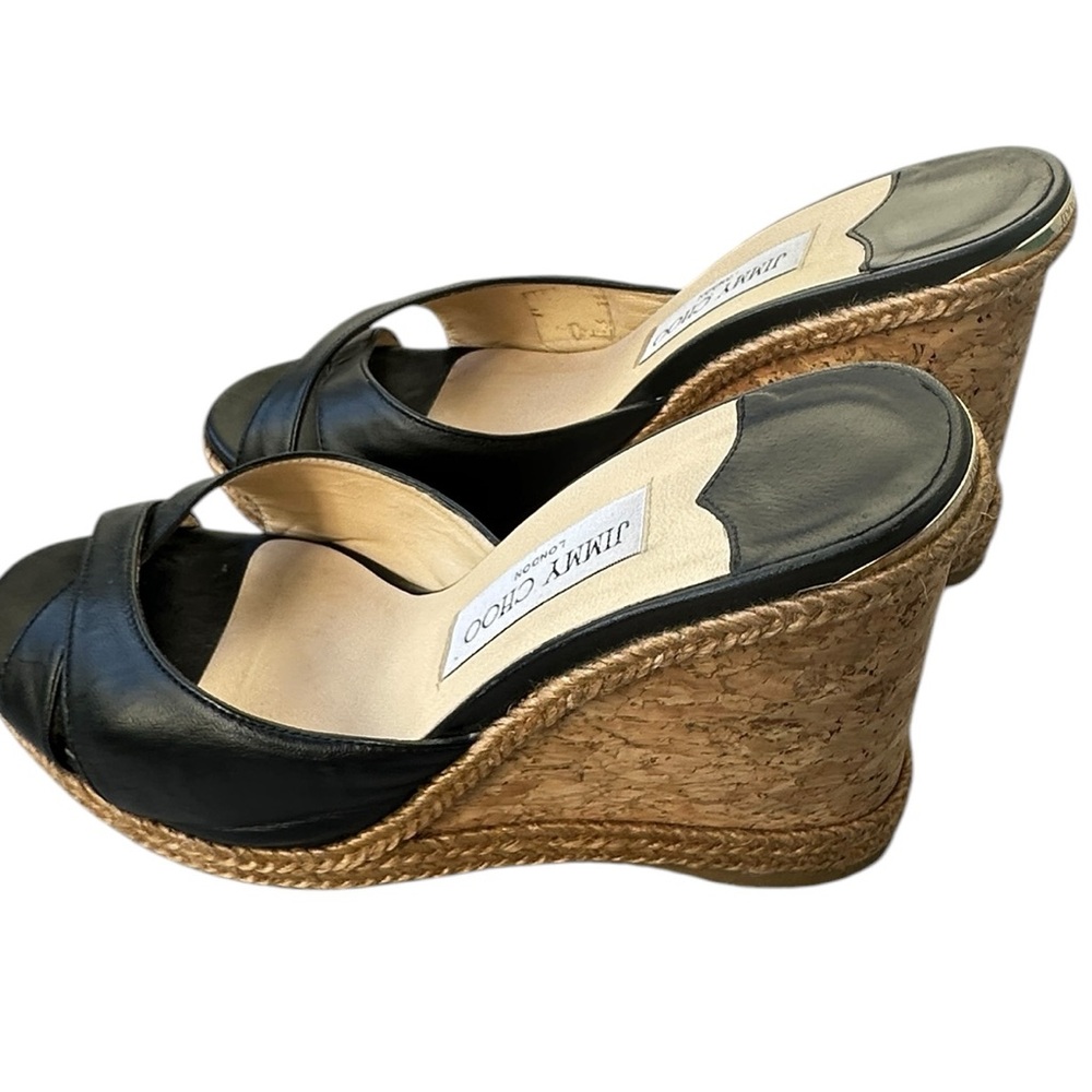 Jimmy Choo Black Leather Cork Wedge Sandals Size 38 / US 8